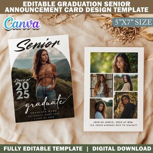 Peut inclure: Modèle de carte d'annonce de graduation éditable au format 12,7 x 17,8 cm. Le modèle présente un design noir et blanc avec un collage de photos d'un diplômé dans un cadre naturel. Le texte comprend "Senior", "Classe de 2025", "diplômé", "Nom du diplômé", "Nom de l'université ici" et "Classe de 2025".