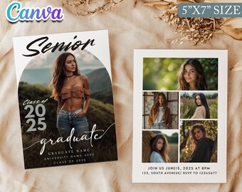Modelo de anúncio de formatura moderno, convite de formatura da turma de 2025 com foto, cartão de formatura para impressão, grade de fotos