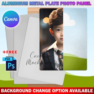 May include: An aluminum metal plate photo panel featuring a portrait of a child. The image includes the Canva logo, the words "+ FREE PSD Ps", and the text "BACKGROUND CHANGE OPTION AVAILABLE". The panel is rectangular with a white border.