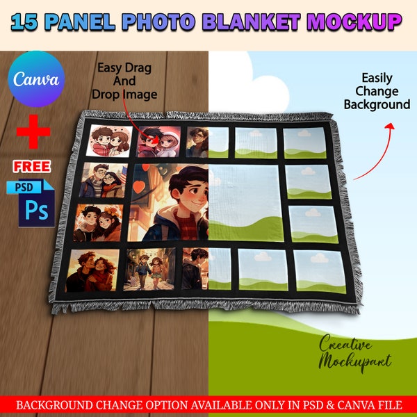 Canva 15 Panel Photo Blanket Mockup With Fringe Edges For Sublimation, Panel Blanket Mockup, Add Design & Background Via Canva Frame, PSD