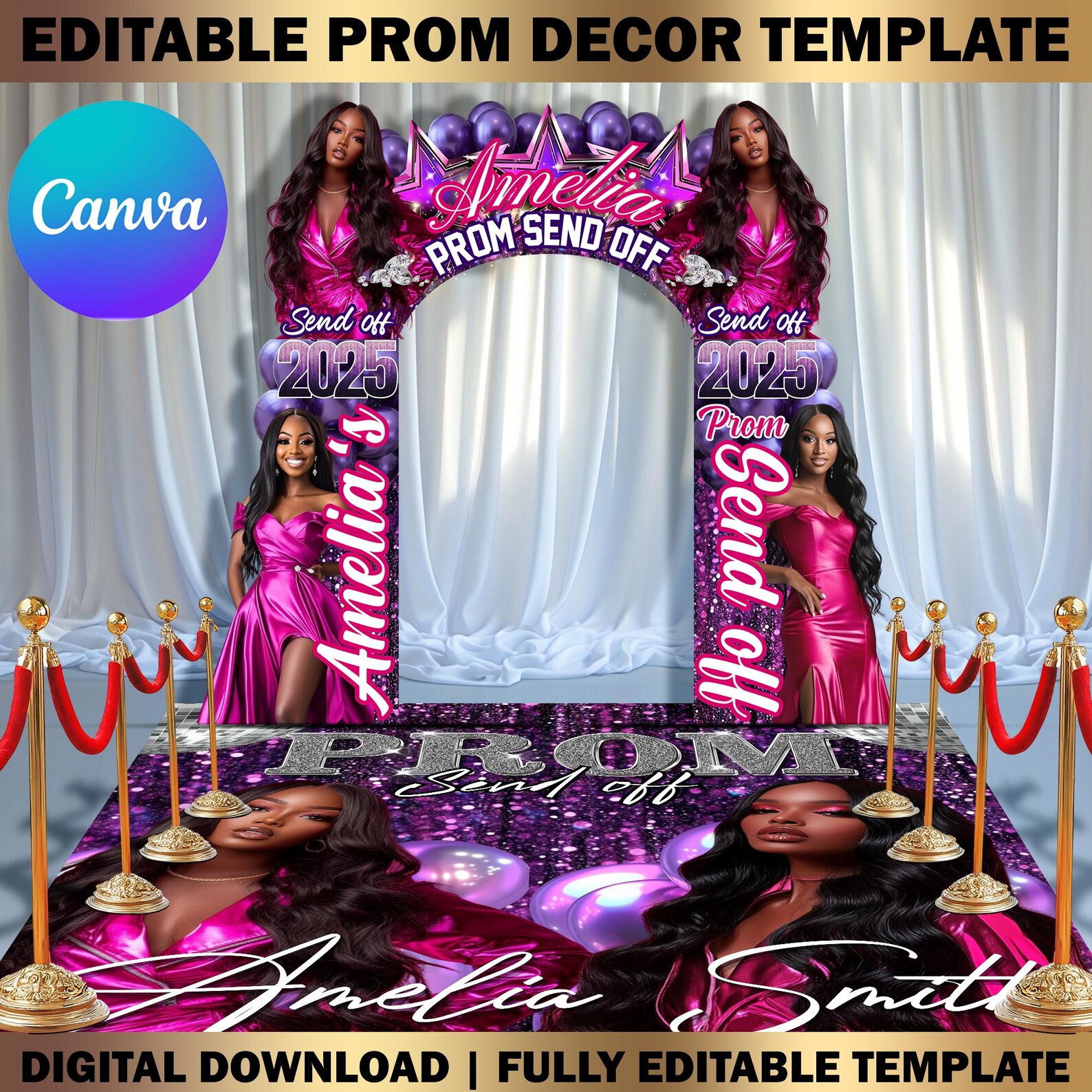 Custom Prom Decor Canva Template Bundle, Name Cutout, Pink & Silver ...