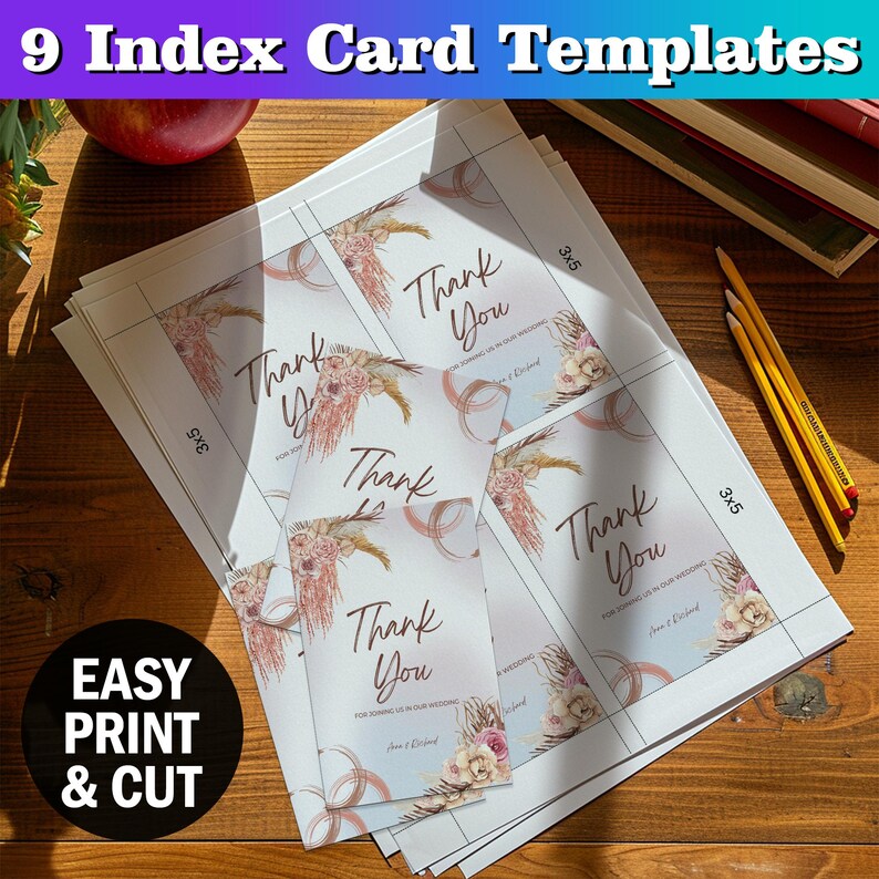May include: Nine printable index cards with a 3x5 inch template. Each card features a floral design with a thank you message and the text "For coming to celebrate our wedding".