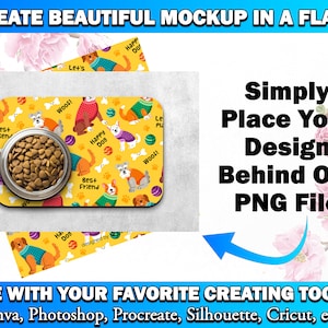 May include: A yellow dog-themed pet bowl mat with a bowl of dog food on top. The mat has a repeating pattern of dogs, bones, and balls. The text "Woof!" and "Happy Dog" are printed on the mat. The text "Simply Place Your Design Behind Our PNG File" is printed on a white background with a pink floral design.