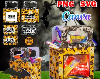 Halloween Trick Or Treat Box SVG Template, Canva Editable Halloween Candy Holder Foam Board Bag,  Bat Favor Bag Craft, Spooky Candy Box