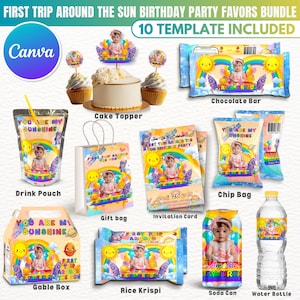 May include: A collection of birthday party favors with a "First Trip Around the Sun" theme. Includes a cake topper, chocolate bars, chip bags, drink pouches, gift bags, invitation cards, gable boxes, rice krispies, soda cans, and water bottles. The design features a baby girl, suns, rainbows, and rockets.