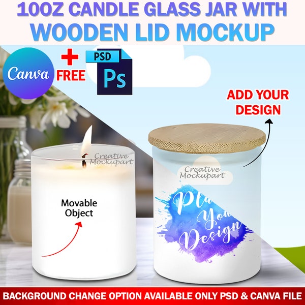 Dye Sublimation 10oz Frosted Candle Glass Jar With Wooden Lid Mockup, Add Own Design And Background Via Photoshop PSD & Smart Canva Frame