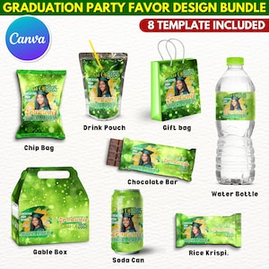 8X Graduation Party Favor Template Bundle, Green Canva Editable Graduation Treats Design, Party Favor Custom Water Labels, Chip Bag, Wrapper