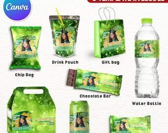 8X Abschlussfeierbevorzugungsvorlagenpaket, grünes Canva-bearbeitbares Abschluss-Leckereiendesign, benutzerdefinierte Wasseretiketten für Partybevorzugungen, Chip-Beutel, Wrapper