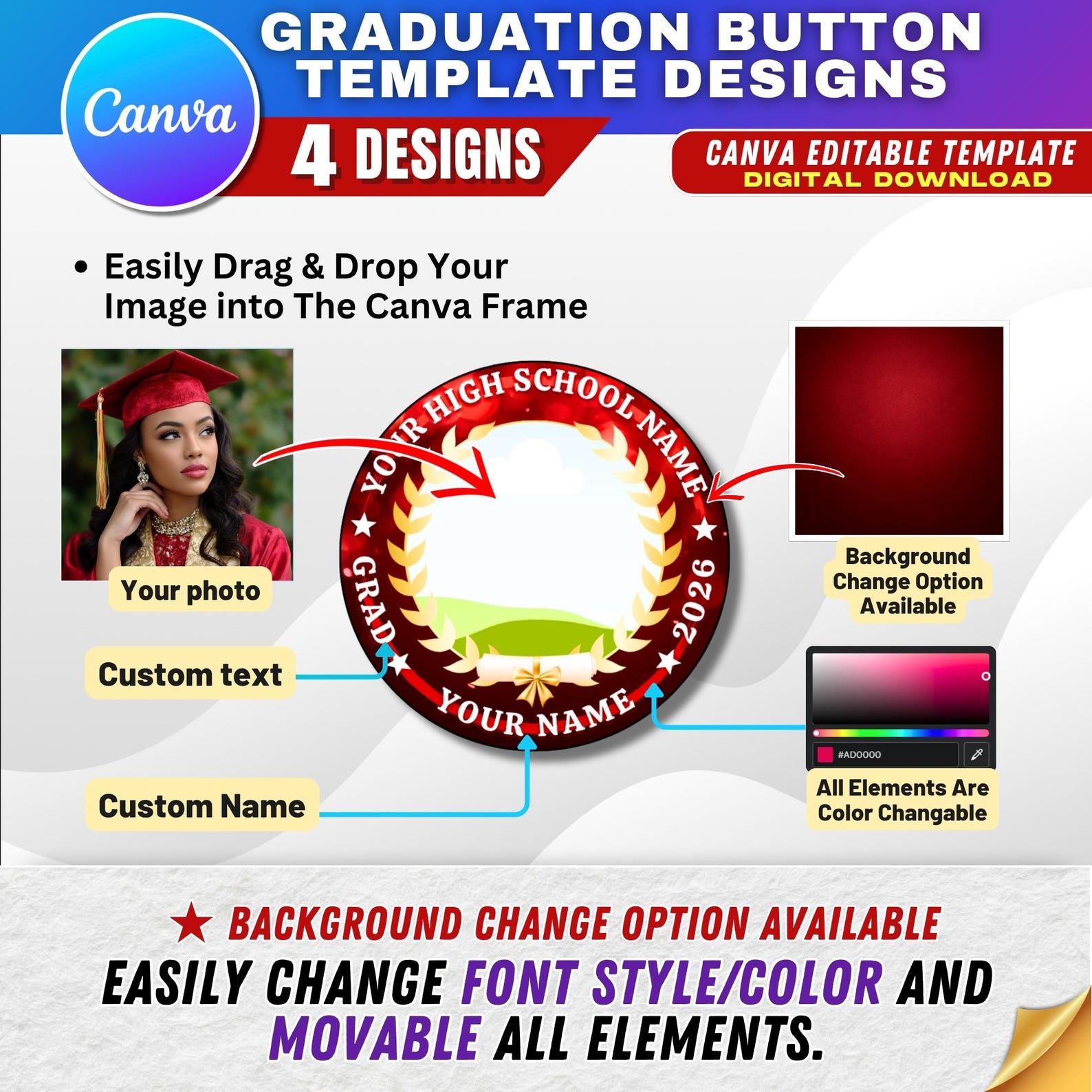 Grad Button Template 4+ Graduation Button Templates for Canva, Editable Class of 2026 Senior ...