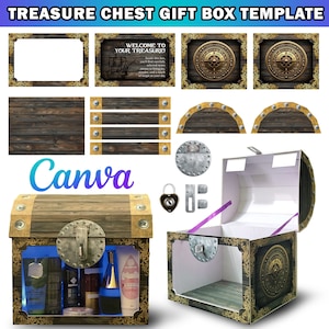 Plantilla de diseño de Canva de caja de regalo de caja de cofre del tesoro, Caja de regalo de cofre del tesoro pirata de tablero de espuma, Bolsa de regalo de lujo, Caja de regalo DIY de cumpleaños