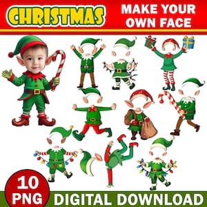 10x Weihnachten Füge Dein eigenes Foto Gesicht hinzu, DIY Elfe PNG Bundle, Elfen Gesicht Blanko Weihnachten Basteln für Kinder Xmas Bulletin Board Class Decor