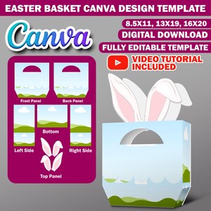 Caixa de presente de Páscoa Canva Template, Caixa de presente de cesta de Páscoa de espuma, Cesta de coelho de Páscoa editável Canva Bolsa de presente de luxo Caixa de presente de aniversário DIY