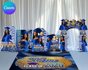 Custom Shape Graduation Decor Canva Template Bundle, Name Cutout, Grad Entrance Arch, Magazine Backdrop, Hat Arch Wall, Floor Wrap Decor Set