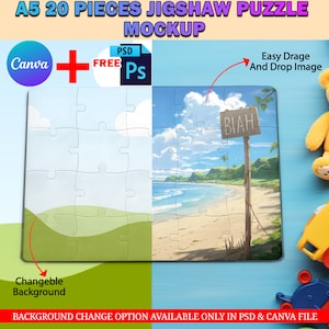 Canva A5 20 Pieces Puzzle Mockup, Jigsaw Puzzle Template For Sublimation, Insert Your Own Design & Background Via Smart Canva Frame And PSD