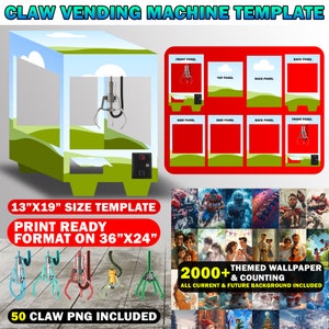 Könnte beinhalten: Eine digitale Vorlage für einen Greifautomaten mit einer Cartoon-Illustration eines Greifautomaten auf grünem und blauem Hintergrund. Die Vorlage ist 13 Zoll mal 19 Zoll groß und druckfertig für ein Format von 36 Zoll mal 24 Zoll. Das Bild enthält außerdem 50 Greif-PNG-Dateien und über 2000 thematische Hintergrundbilder.