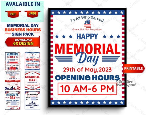 Memorial Day Business Hours Sign PRINTABLE Open/closed - Etsy