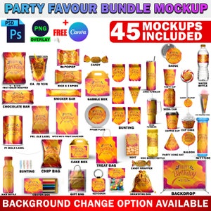 May include: A mockup of 45 different party favor items, including bags, boxes, cups, and other containers. The items are all decorated with a yellow and orange birthday theme and the text "Happy Birthday to You".
