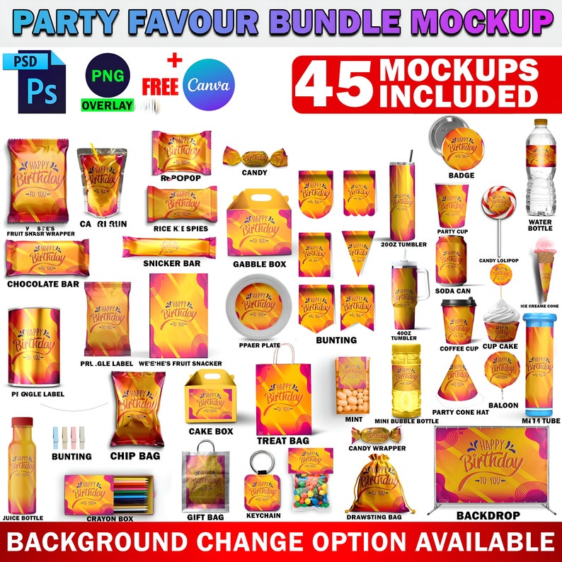 May include: A mockup of 45 different party favor items, including bags, boxes, cups, and other containers. The items are all decorated with a yellow and orange birthday theme and the text "Happy Birthday to You".