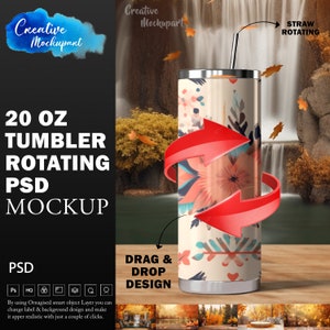 20oz Rotating Tumbler Mockup | 5+ Pre-Made Background Included | 20oz Skinny Rotating Tumbler Mockup | Animated Spinning Tumbler Mockup