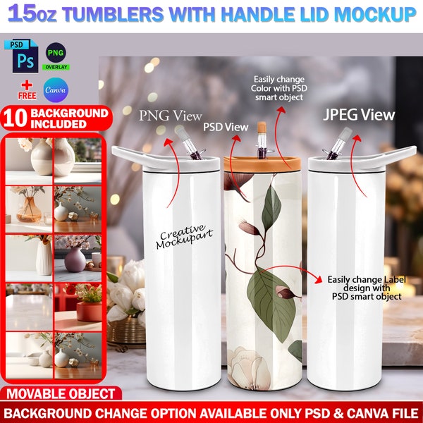 Dye Sublimation 15oz Skinny Tumbler With Handle & Splash Proof Lid Mockup, Insert Your Design And Background Via Smart Canva Frame And PSD