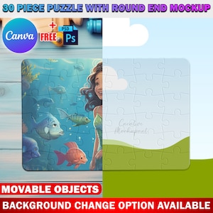 Canva 30 Piece Puzzle With Round End Mockup,  Jigsaw Puzzle Template For Sublimation, Insert Design & Background Via Smart Canva Frame, PSD