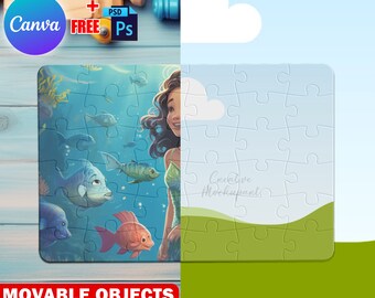 Canva 30 Piece Puzzle With Round End Mockup,  Jigsaw Puzzle Template For Sublimation, Insert Design & Background Via Smart Canva Frame, PSD
