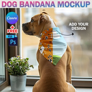 Canva Dog Bandana Mockup, Bandana Mockups Drag and Drop Mockup, Insert Your Design Via Smart Canva Frame And Photoshop PSD