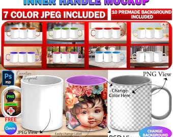 Dye Sublimation 11oz Polymer Mug With Colored Inner And Handle Mockup, 7 Color Mug Included, Insert Design & Background Via Canva Frame, PSD