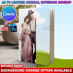 Canva Frame A5 PU Leather Journal Notebook Mockup, A5 Journal Mockup Sublimation, Insert Design & Background Via Photoshop PSD, Canva Frame
