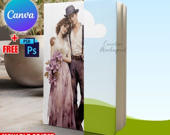 Canva フレーム A5 PU レザー ジャーナル ノートブック モックアップ、A5 ジャーナル モックアップ昇華、Photoshop PSD によるデザインと背景の挿入、Canva フレーム