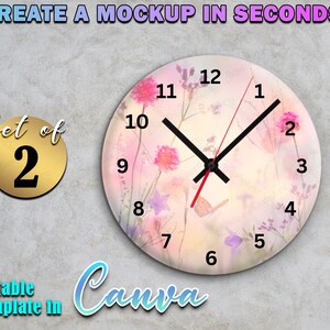 Peut inclure: Un ensemble de deux maquettes de montres personnalisables avec un motif floral compos&eacute; de fleurs roses et violettes, un papillon et un fond blanc. Le texte "Create a mockup in seconds!" et "Set of 2" sont visibles sur l'image. Le texte "Editable Template in Canva" est &eacute;galement visible.