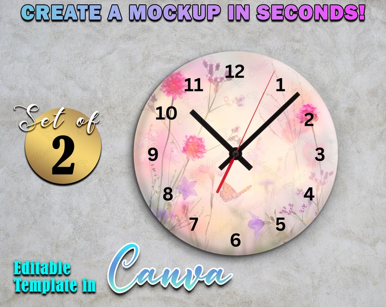 Peut inclure: Un ensemble de deux maquettes de montres personnalisables avec un motif floral compos&eacute; de fleurs roses et violettes, un papillon et un fond blanc. Le texte "Create a mockup in seconds!" et "Set of 2" sont visibles sur l'image. Le texte "Editable Template in Canva" est &eacute;galement visible.