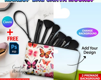 Canva Neopren Kosmetiktasche Mockup für Sublimation, Zipper Pouch Bag Mockup, Insert Design & Hintergrund über Smart Canva Frame und PSD