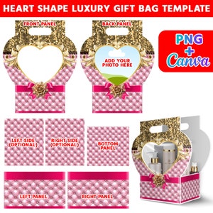 Könnte beinhalten: Eine druckbare Vorlage für eine herzförmige Geschenktüte. Die Tasche ist rosa und goldfarben mit einem gesteppten Muster und einer goldenen Schleife. Die Vorlage enthält Anweisungen zum Zusammenbauen der Tasche und umfasst Paneele für die Vorderseite, die Rückseite, die Seiten und den Boden.