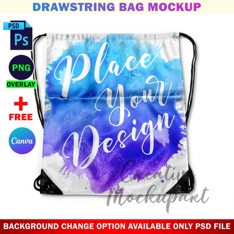 May include: A white drawstring bag mockup with a blue and purple watercolor design. The text "Place Your Design" is written in white on the bag.