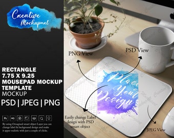 Rektangulär 7,75 x 9,25 musmatta mockup mall | Stylad musmatta fotografi mockup | Färgsublimering lägg till din design via Photoshop PSD canvas