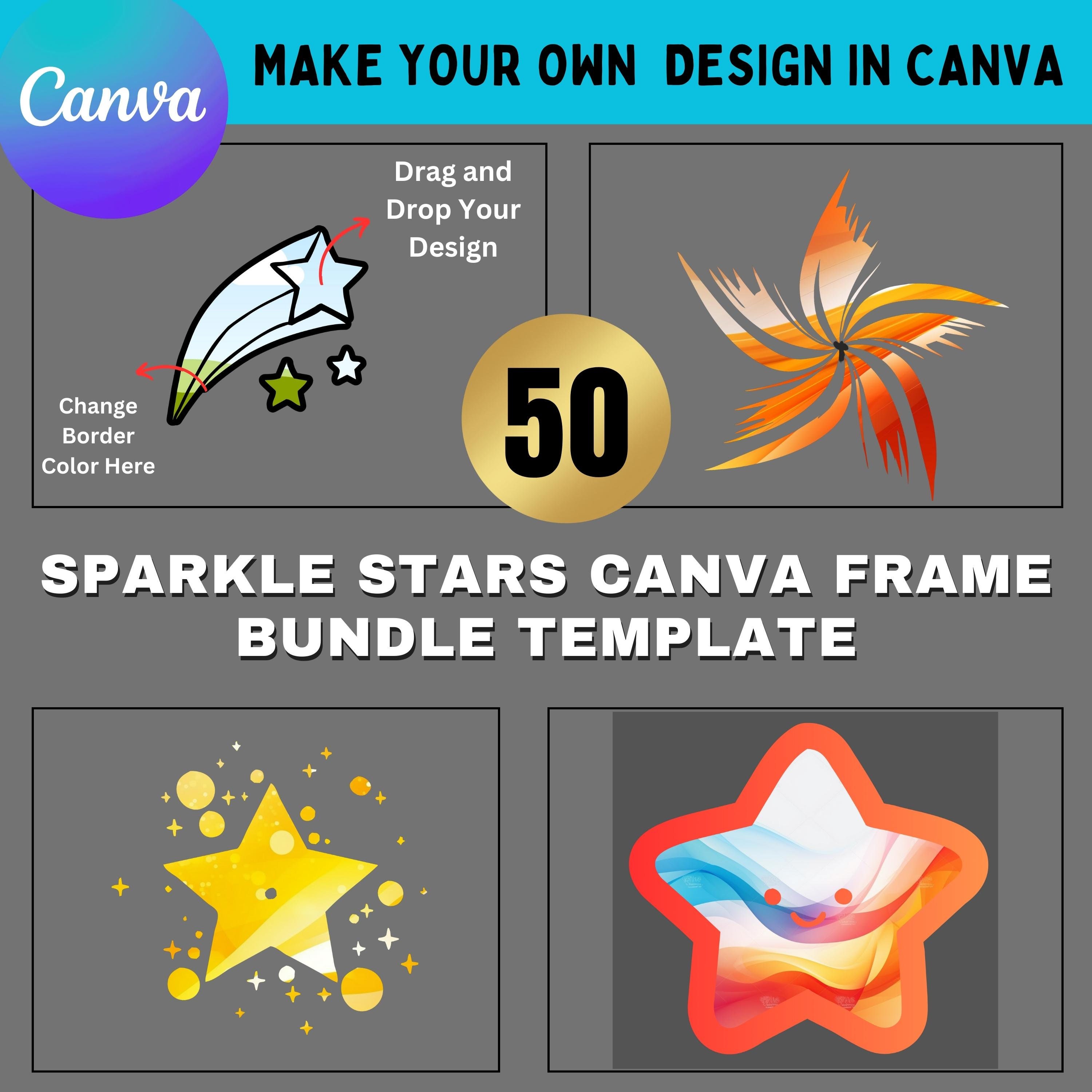 Star Sticker Canva 50 Canva Frames Sparkle Star Template Bundle | Make Your Own Bright ...
