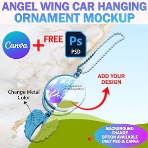 May include: A mockup of a car hanging ornament featuring a pair of angel wings and a round glass charm. The charm has a watercolor design and the text "Creative Mockupart" is visible. The ornament is attached to a silver chain.