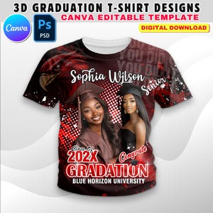 3D-skjortdesign för examen, mall för röd och svart t-shirt, 32 x 27 tums redigerbar canvasfil för examens-t-shirt, perfekt för DTF och sublimering