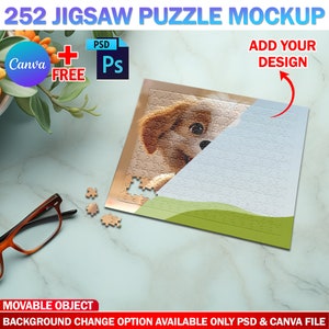 Canva 252 Piece Puzzle Mockup, Jigsaw Puzzle Template For Sublimation, Insert Your Own Design & Background Via Smart Canva Frame And PSD
