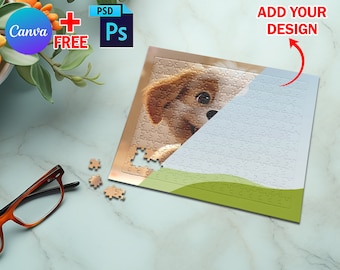Maqueta de rompecabezas de 252 piezas de Canva, plantilla de rompecabezas para sublimación, inserte su propio diseño y fondo a través del marco inteligente de Canva y PSD