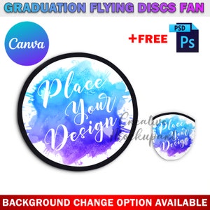 May include: A round, white flying disc with a blue and purple watercolor design. The text "Place Your Design" is written in white on the disc.