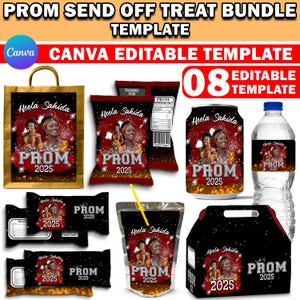 Gâterie d'envoi pour le bal de promo, Lot de modèles d'emballage pour bal de promo, Gâteries pour bal de promo scintillantes rouges et noires, lot de décorations en toile, Étiquettes personnalisées pour l'eau, Sac à chips