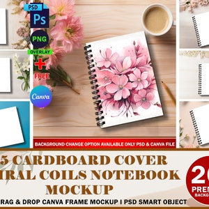Maquette de cahier en spirale avec couverture en carton (20 arrière-plans préfabriqués inclus), motif et arrière-plan de l'insertion via Photoshop PSD et cadre Canva