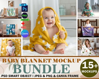 15x Babydecke Mockup Bundle, Kinderzimmer Decke Mockup, fügen Sie Design per einfaches ziehen per Ziehen & Ablegen Smart Canva Rahmen und Photoshop PSD