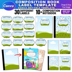 Op de afbeelding: Een digitale sjabloon voor etiketten en notitieboeken voor compositieboeken. De afbeelding toont verschillende labelontwerpen en notitieboekcovers met een groen en blauw kleurenschema. De tekst bevat "Composition Book" en "Canva Editable Template". Het papierformaat is 21,59 cm x 27,94 cm.
