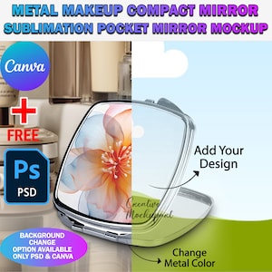 Può includere: Un mockup di specchio compatto argentato con un design floreale sul davanti. Lo specchio è aperto e lo sfondo è di colore blu chiaro. Il testo "Aggiungi il tuo design" e "Cambia il colore del metallo" è visibile nell'immagine.