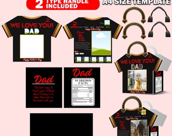 Canva Bearbeitbare Geschenktüten-Box-Vorlage „Vatertag Papa Flix T-Shirt“, Designer-Handtaschen-Geschenkbox, Luxus-Handtaschen-Geschenkbox, Schaumstoffkarton-Box