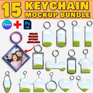 15x Keychain Mockup Bundle For Sublimation, Circle, Dog Bone, Heart Shape Keys Ring Mockup, Insert Design & Change Ring Color Via Canva, PSD
