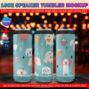 Maqueta de vaso de altavoz Canva de 16 oz, maqueta de enfriador 4 en 1 de 16 oz con 2 tapas, cambiar color de altavoz, insertar diseño y fondo mediante PSD, Canva imagen 3